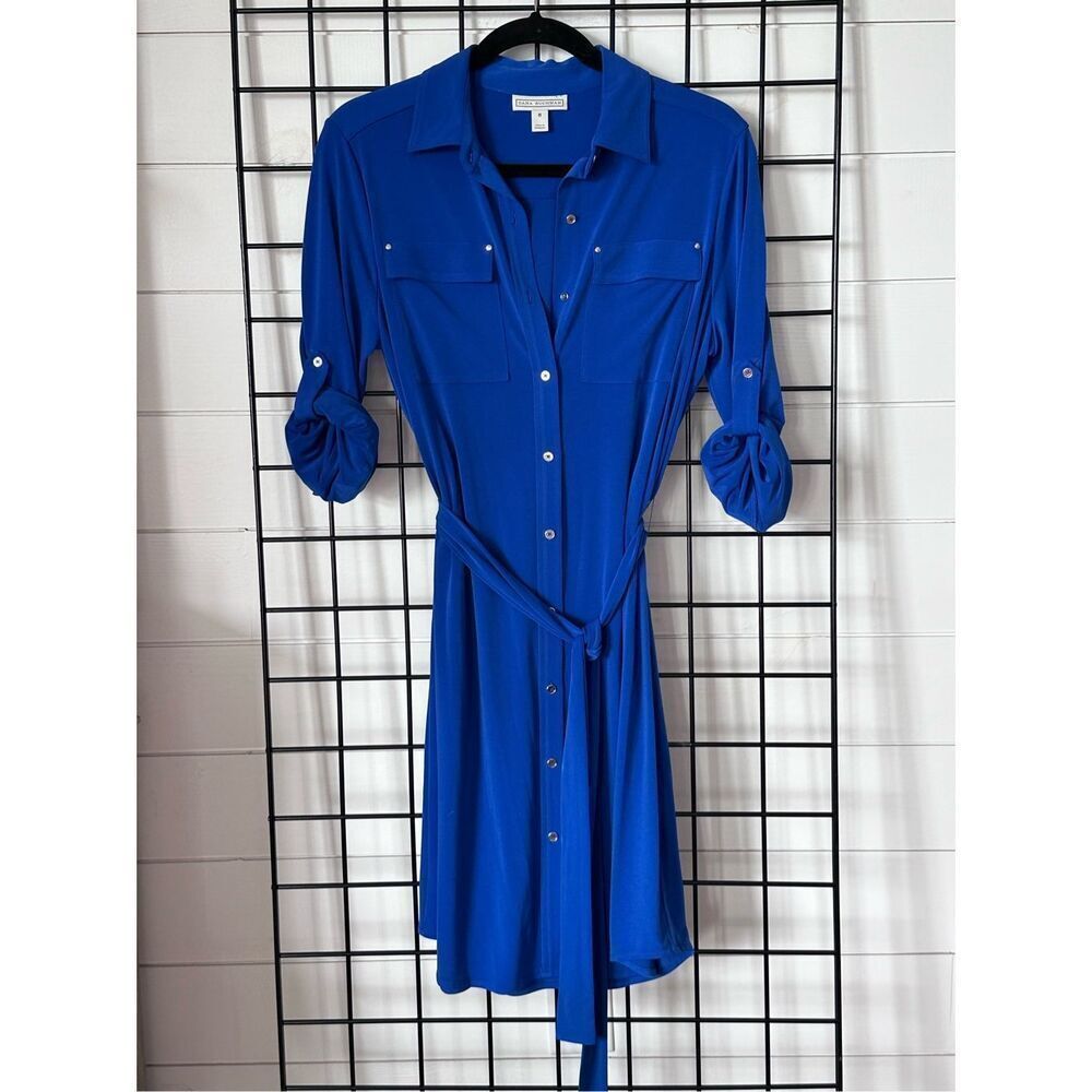 DANA‎ BUCHMAN Soft Stretch Button Down Belted Dress Womens Navy 8 Roll Sleeves
